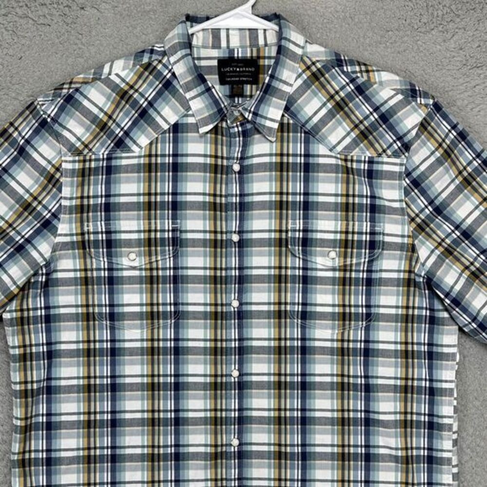 Lucky Brand Western Shirt Adult XL Saturday Blue Plaid Pearl Snap Button Up Mens